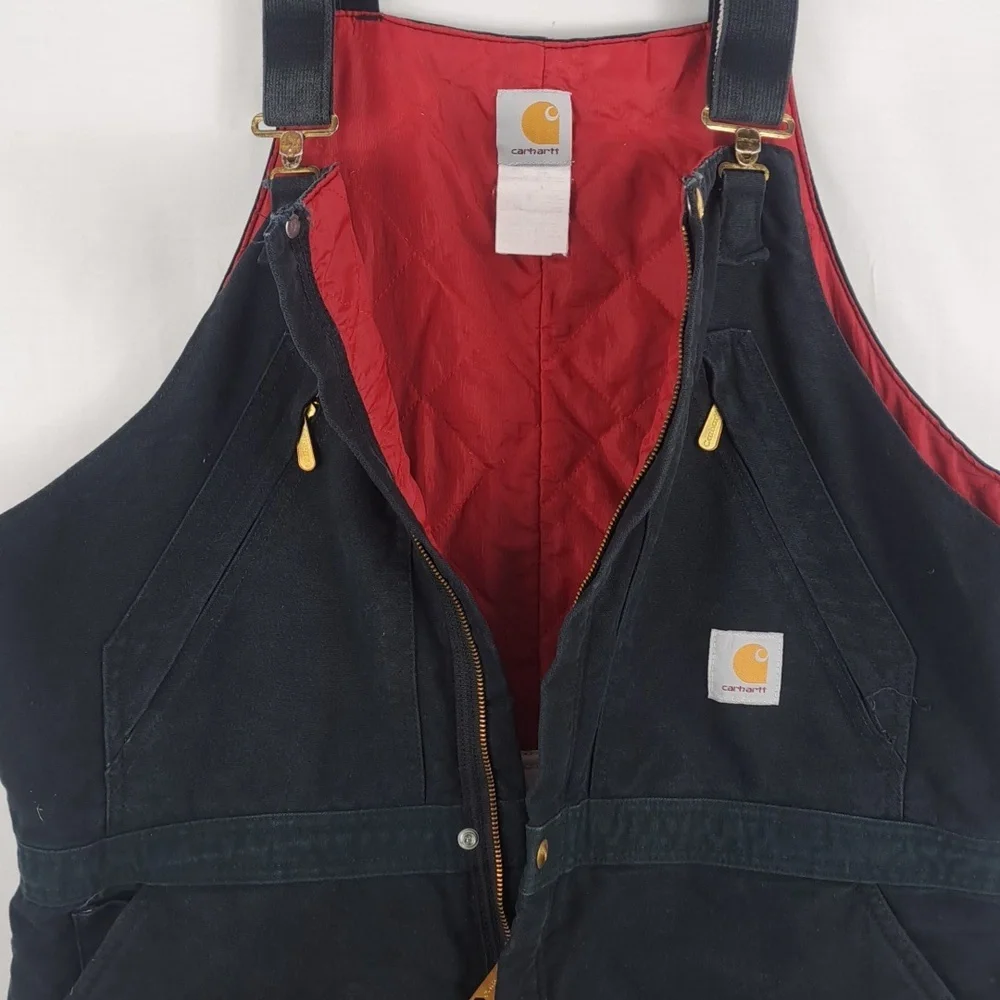 Carhartt canvas Duck bib red quilt double knee 1/2 zip 42/30 black overalls - Picture 4 of 8